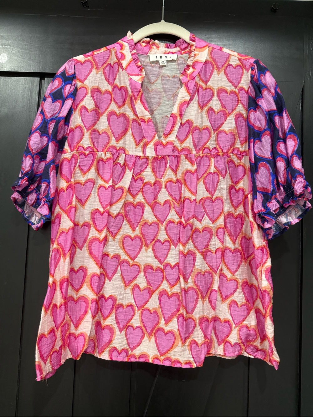 THML Pink Heart-Print V-Neck Short Sleeve Blouse